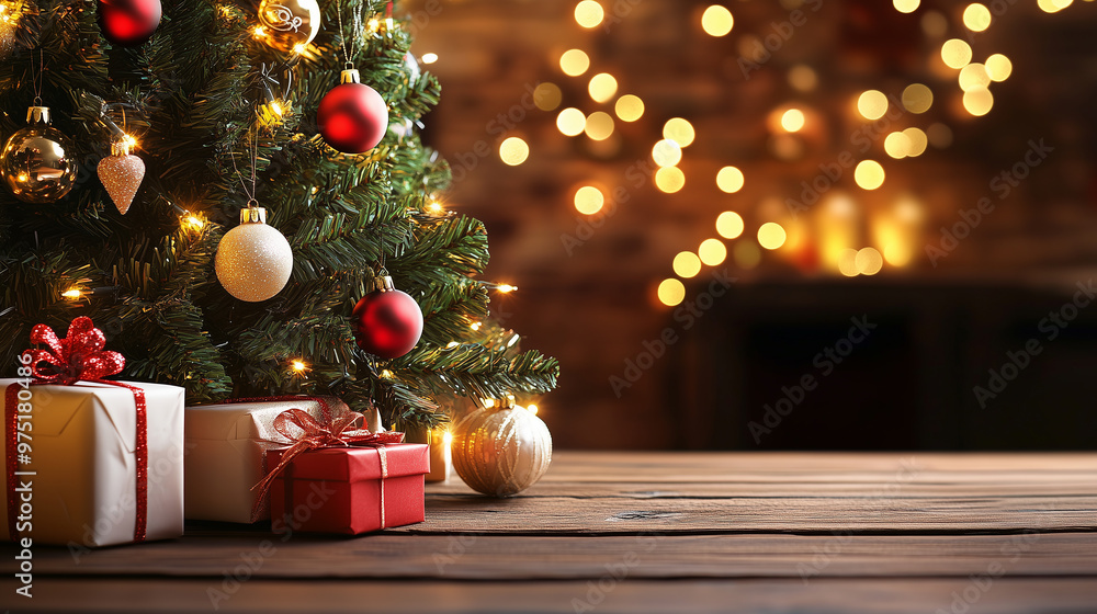 Christmas Tree with Decorations and Gift Boxes on Wooden Table Christmas Tree with Decorations and Gift Boxes on Wooden Table