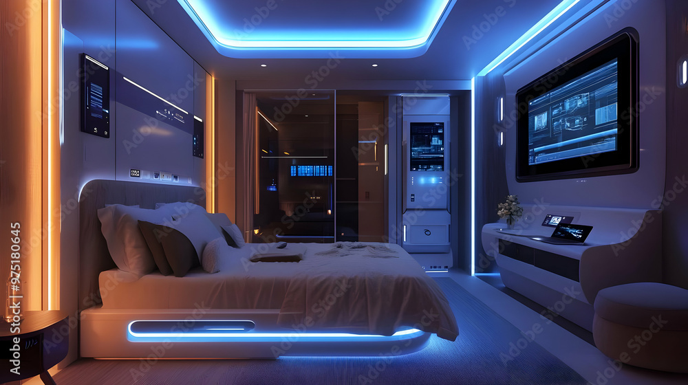 Fototapeta premium Futuristic Bedroom Interior Design with Blue LED Lighting - 3D Illustration