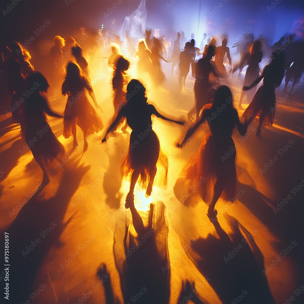 Fototapeta premium Spooky Shadows on Halloween Dance Floor - Ghostly Figures Moving under Strobe Lights