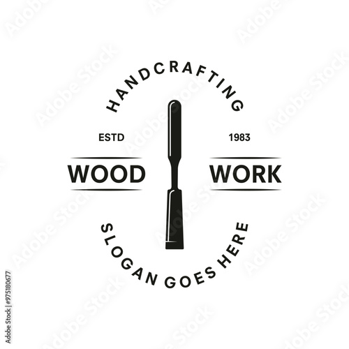 Design of Carpentry Logo Vector, Handcraft Concept with Hammer and Chisel, Vintage Illustration of Wood working