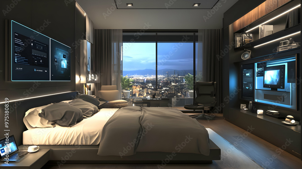 3D Illustration of a Modern Bedroom with Night View 3D Illustration of a Modern Bedroom with Night View
