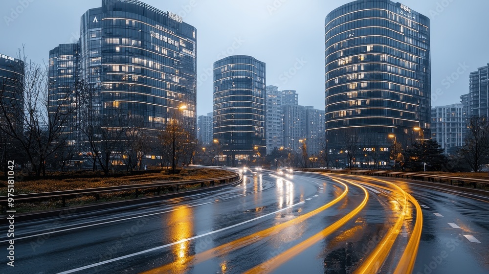 Cityscape with Skyscrapers and Light Trails on Wet Road Cityscape with Skyscrapers and Light Trails on Wet Road