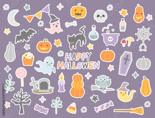 手描き風のハロウィンのイラストのセット 白ふち付きバージョン