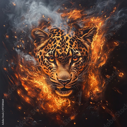 Fierce Leopard Emerging from Flames and Smoke photo