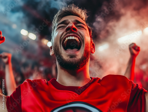 Excited Sports Fan Cheering in a Stadium Environment