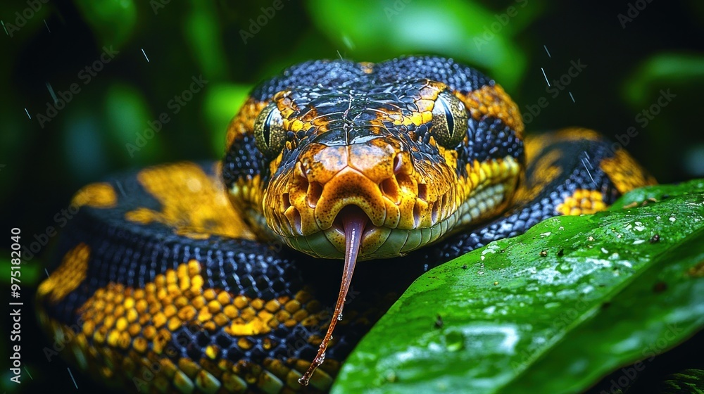 A close-up of a vibrant snake resting on a leaf in a rainforest. A close-up of a vibrant snake resting on a leaf in a rainforest.