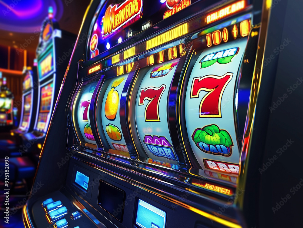 Vibrant Casino Slot Machine with Winning Symbols and Spinning Reels Vibrant Casino Slot Machine with Winning Symbols and Spinning Reels