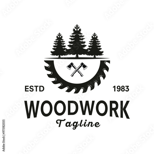 Circular saw disc for cutting wood and tree, logo design vector illustration
