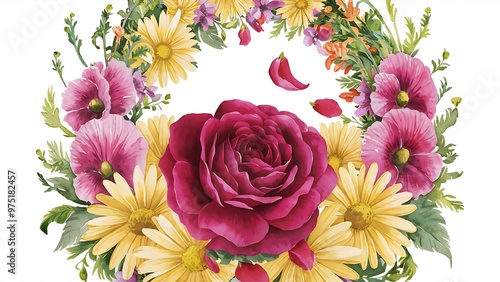 Watercolor floral wreath with roses, daisies and hollyhocks in vibrant colors