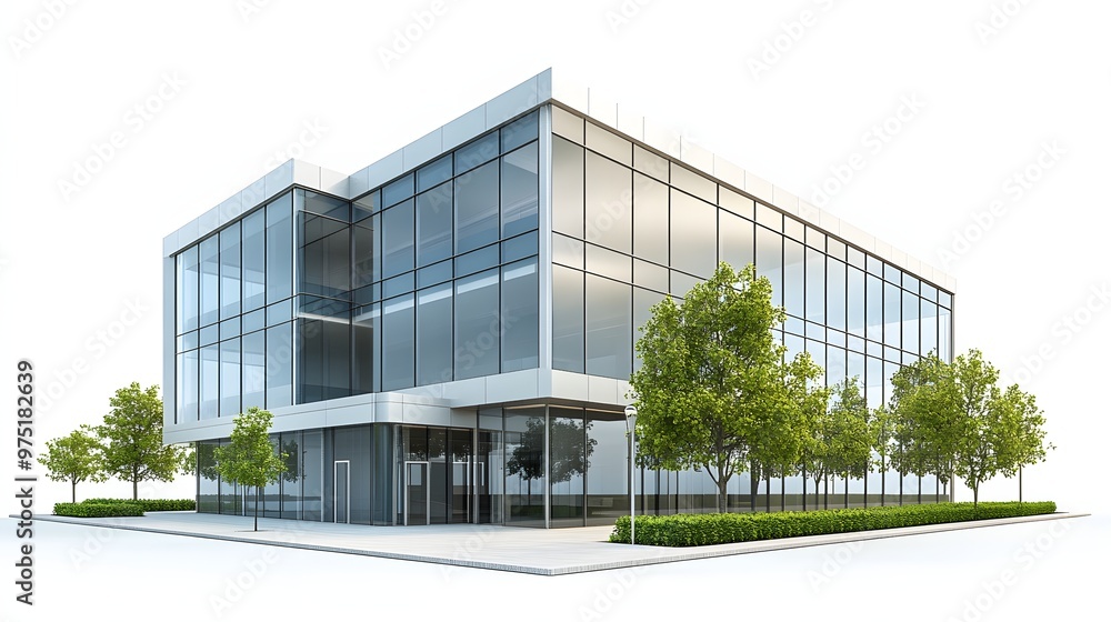 4. **A detailed 3D rendering of a modern office building exterior with glass facades and a well-designed entrance, isolated on a pristine white background 4. **A detailed 3D rendering of a modern office building exterior with glass facades and a well-designed entrance, isolated on a pristine white background