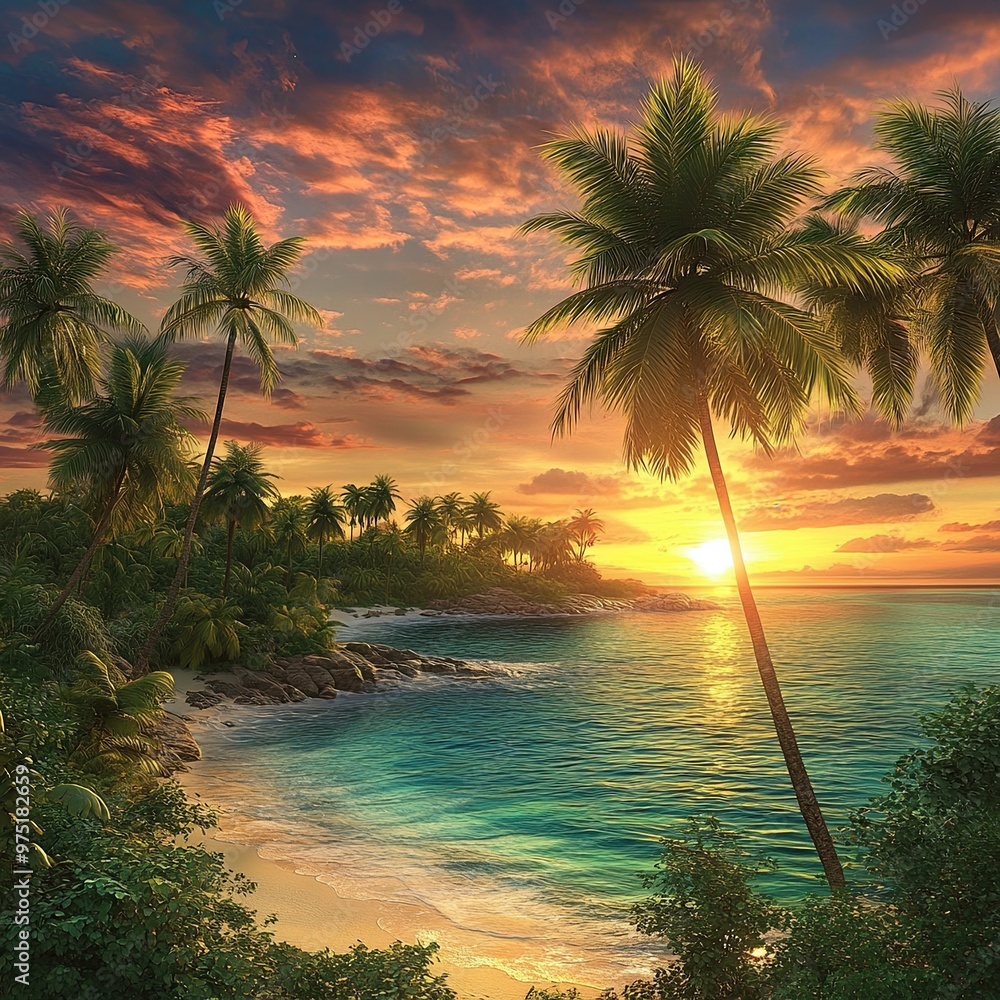 Serene Tropical Sunset Over Coastal Paradise Serene Tropical Sunset Over Coastal Paradise