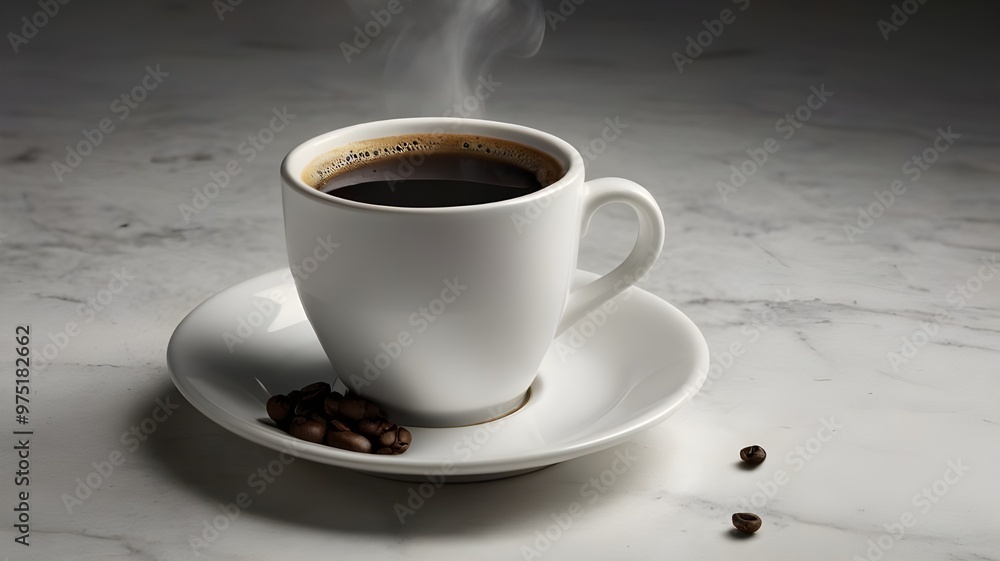 A white ceramic coffee cup filled with steaming black coffee. A white ceramic coffee cup filled with steaming black coffee.