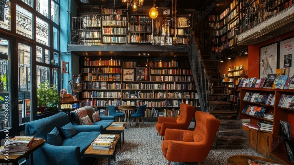 Charming bookstore with shelves full of books Charming bookstore with shelves full of books