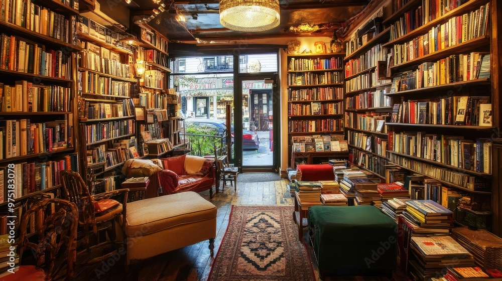 Charming bookstore with shelves full of books Charming bookstore with shelves full of books