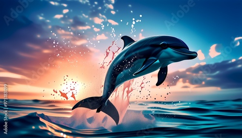 A graceful dolphin leaps from the ocean as the sun sets, creating a captivating and serene scene. This beautiful moment captures the essence of marine life and natural beauty, perfect for themes of photo