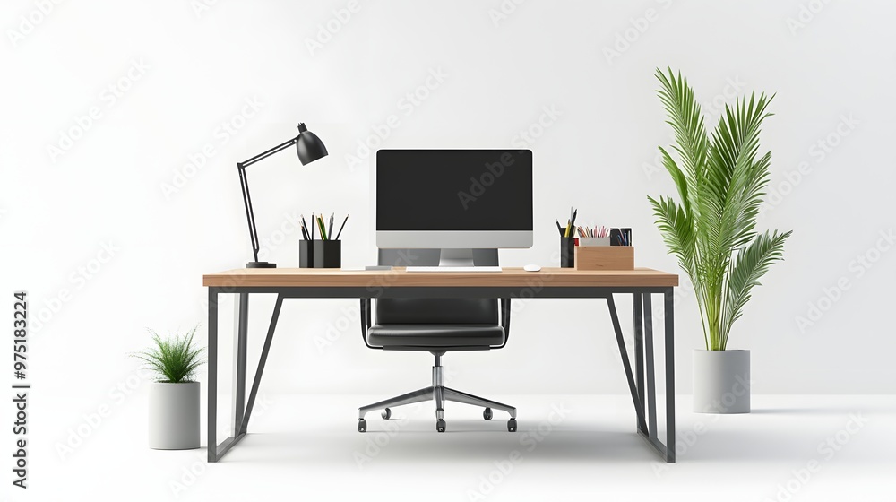 9. **A 3D render of a modern office workspace with a sleek computer, office supplies, and a plant, isolated on a clean white background 9. **A 3D render of a modern office workspace with a sleek computer, office supplies, and a plant, isolated on a clean white background