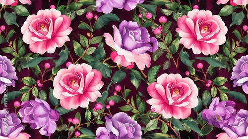 Watercolor pink, purple roses and elderberry branches seamless pattern, hand painted on a dark background