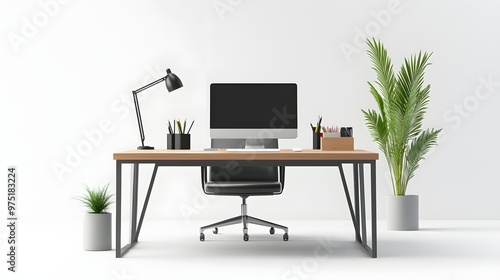 9. **A 3D render of a modern office workspace with a sleek computer, office supplies, and a plant, isolated on a clean white background