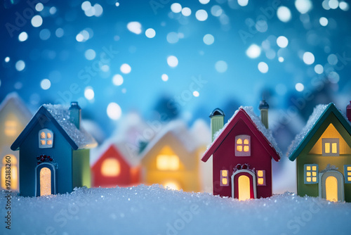 A cozy winter village nestled in snowy hills, capturing a serene festive atmosphere.