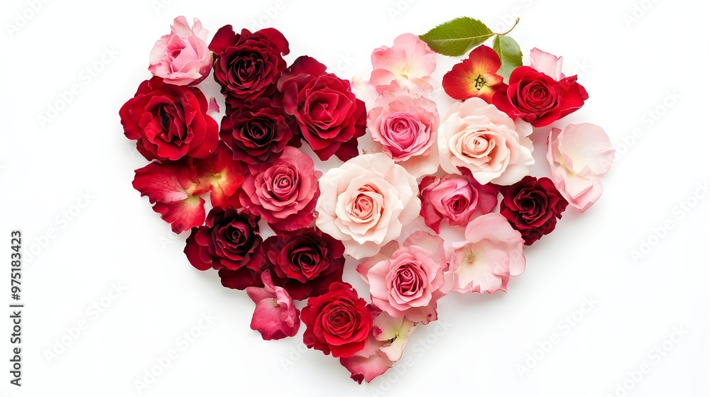 1. **A heart-shaped arrangement of red and pink roses with delicate petals, isolated on a pristine white background 1. **A heart-shaped arrangement of red and pink roses with delicate petals, isolated on a pristine white background