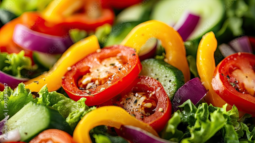 Close-up of a fresh vibrant salad with colorful vegetables and a light dressing Close-up of a fresh vibrant salad with colorful vegetables and a light dressing