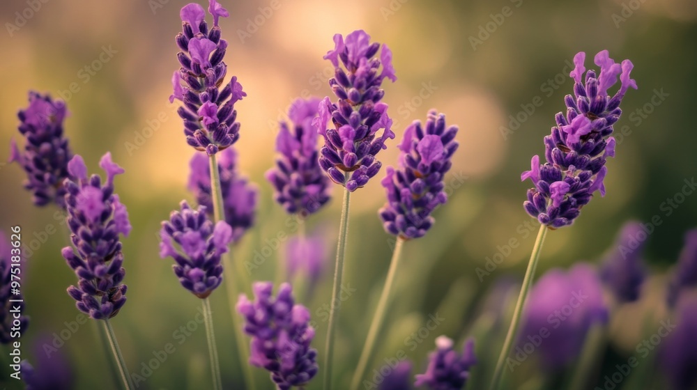 Obraz premium Close-up of purple lavender flowers blooming in a field.