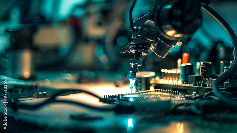 Close-up of professional soldering iron and electronic components on workbench, glowing ready for use, circuit boards in background, technical repair and electronics assembly concept Close-up of professional soldering iron and electronic components on workbench, glowing ready for use, circuit boards in background, technical repair and electronics assembly concept