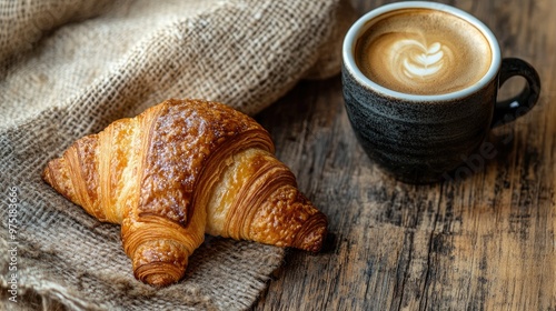 Close-up of a freshly baked croissant with a cup of coffee on a rustic wooden table 