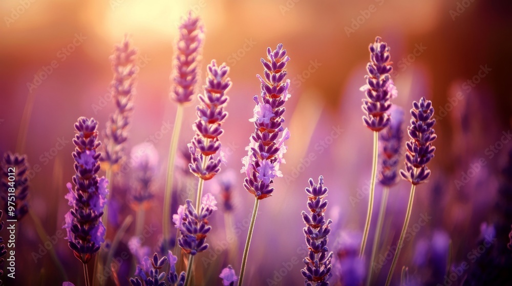 Fototapeta premium Close-up of purple lavender flowers with a soft sunset glow in the background.