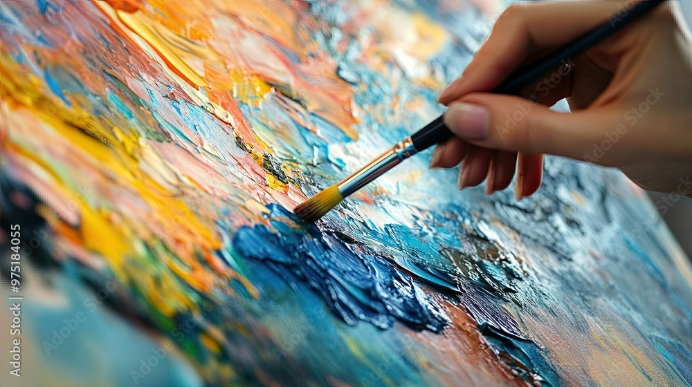Close-up of an artist hands painting on a canvas with vibrant colors and brushstrokes Close-up of an artist hands painting on a canvas with vibrant colors and brushstrokes