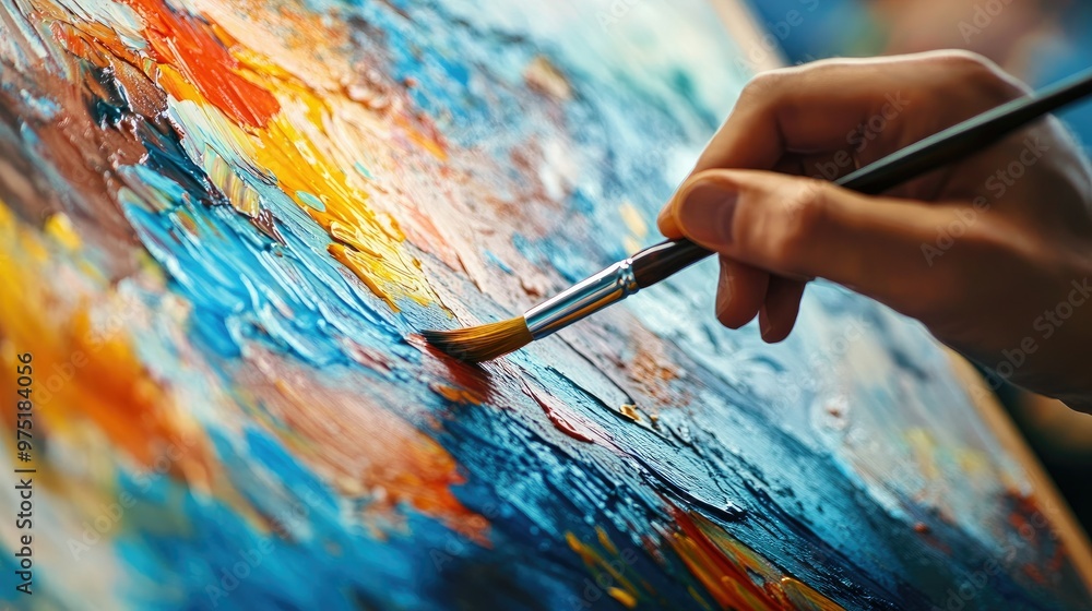 Close-up of an artist hands painting on a canvas with vibrant colors and brushstrokes Close-up of an artist hands painting on a canvas with vibrant colors and brushstrokes