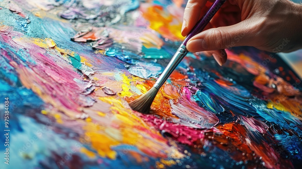 Close-up of an artist hands painting on a canvas with vibrant colors and brushstrokes Close-up of an artist hands painting on a canvas with vibrant colors and brushstrokes
