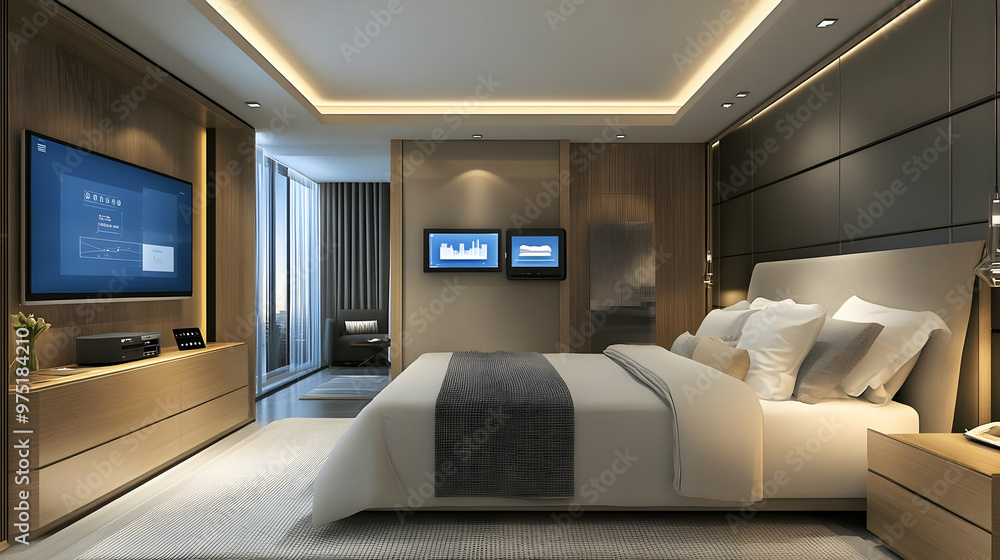 Modern Bedroom Interior Design with Wooden Walls, Smart TV, and Recessed Lighting Modern Bedroom Interior Design with Wooden Walls, Smart TV, and Recessed Lighting