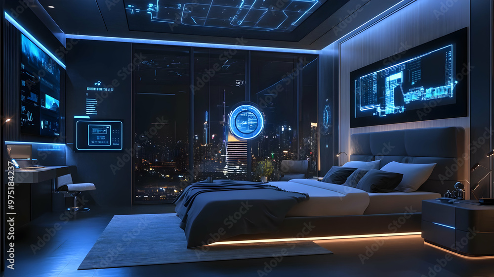 Futuristic Bedroom Design with City View 3D Illustration Futuristic Bedroom Design with City View 3D Illustration