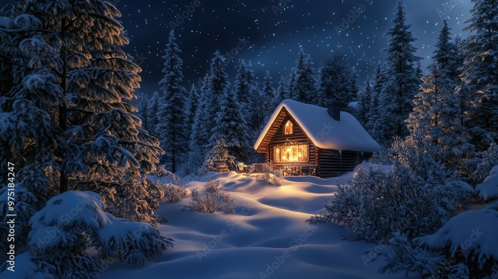 Cozy winter scene with a snow-covered cabin, pine trees, and a warm, glowing light inside Cozy winter scene with a snow-covered cabin, pine trees, and a warm, glowing light inside
