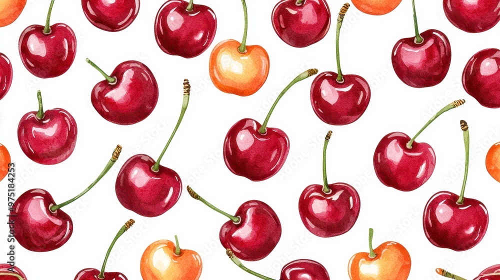 Watercolor Seamless Pattern with Red and Yellow Cherries Watercolor Seamless Pattern with Red and Yellow Cherries