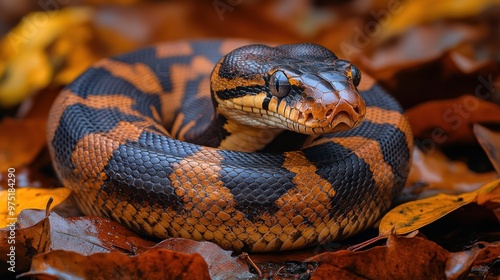 A close-up of a coiled snake among autumn leaves.