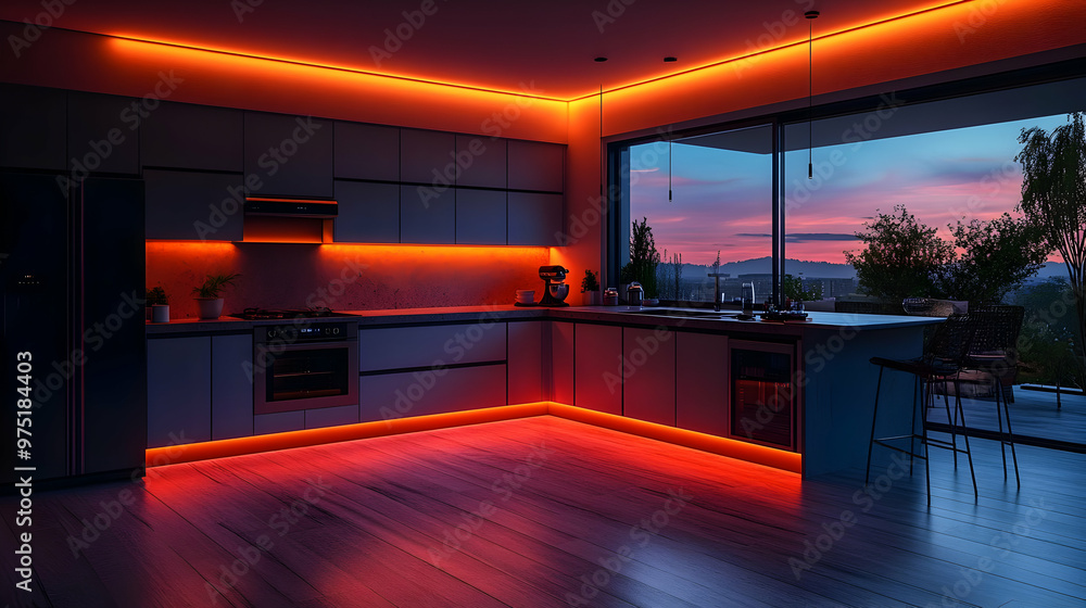 3D Rendering of a Modern Kitchen with Orange LED Strip Lights 3D Rendering of a Modern Kitchen with Orange LED Strip Lights