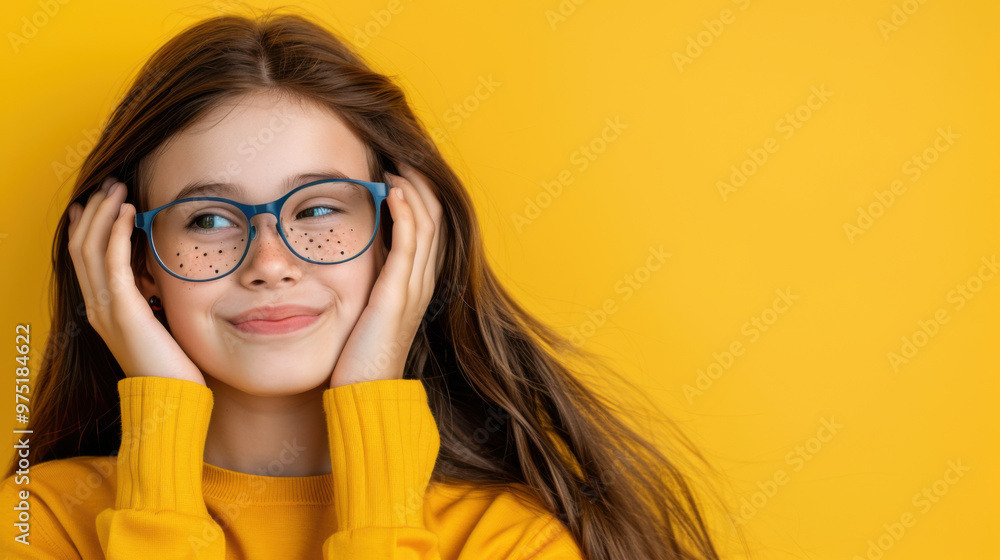 A cheerful girl with freckles and blue glasses, smiling gently against a vibrant yellow background, showcasing a positive and bright mood. A cheerful girl with freckles and blue glasses, smiling gently against a vibrant yellow background, showcasing a positive and bright mood.