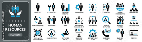 Human resources icon set. Set of Human algorithm, business person, team management flat icons EPS10- Stock Vector