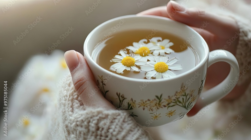 A cozy scene featuring a cup of tea adorned with daisies, perfect for relaxation and enjoying a tranquil moment at home. A cozy scene featuring a cup of tea adorned with daisies, perfect for relaxation and enjoying a tranquil moment at home.
