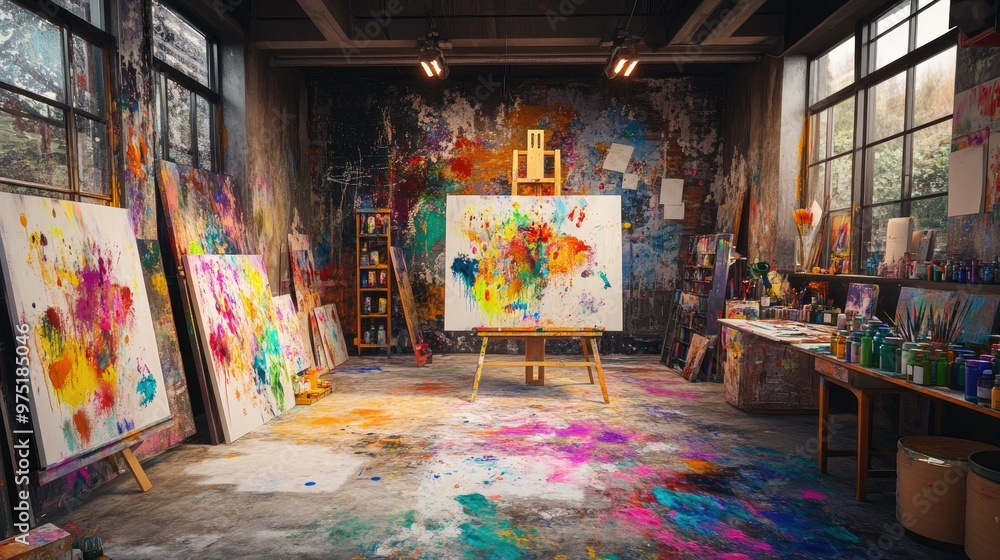 Creative artist studio with colorful paint splatters canvases and art supplies Creative artist studio with colorful paint splatters canvases and art supplies