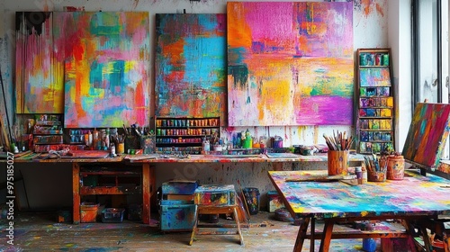 Creative artist studio with vibrant paints canvases and an inspiring workspace