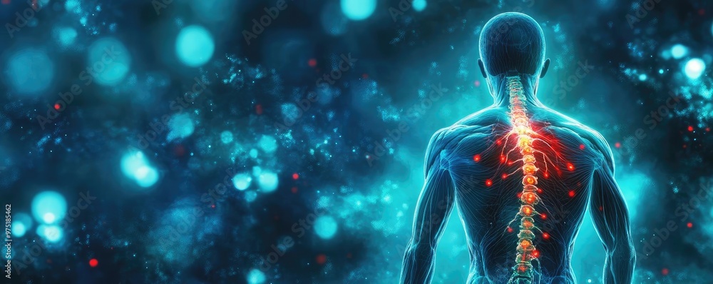 A glowing human spine illuminated against a vibrant backdrop, symbolizing health and the inner workings of the body. A glowing human spine illuminated against a vibrant backdrop, symbolizing health and the inner workings of the body.