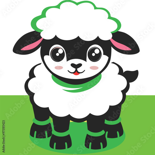 A charming baby sheep stands on a vibrant green field perfect for childrens coloring activities featuring large eyes and a fluffy coat for engagement