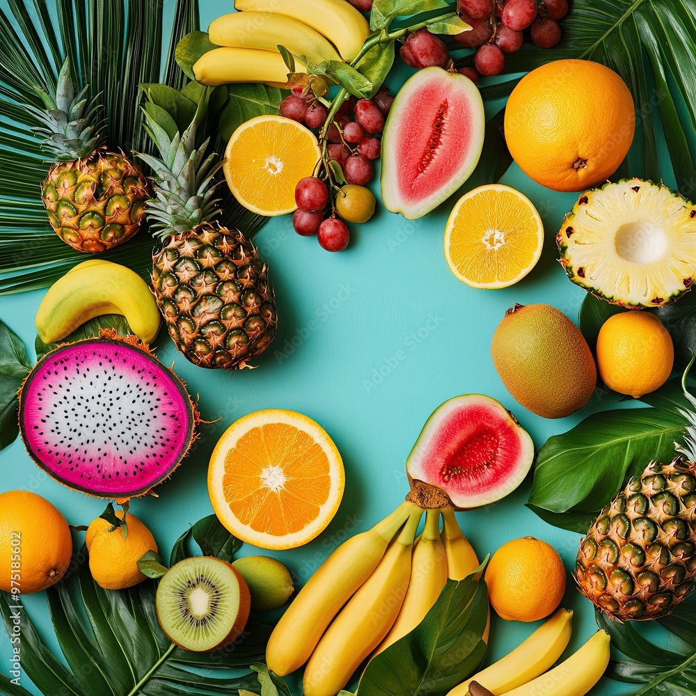 Colorful Tropical Fruits on Blue Background Colorful Tropical Fruits on Blue Background
