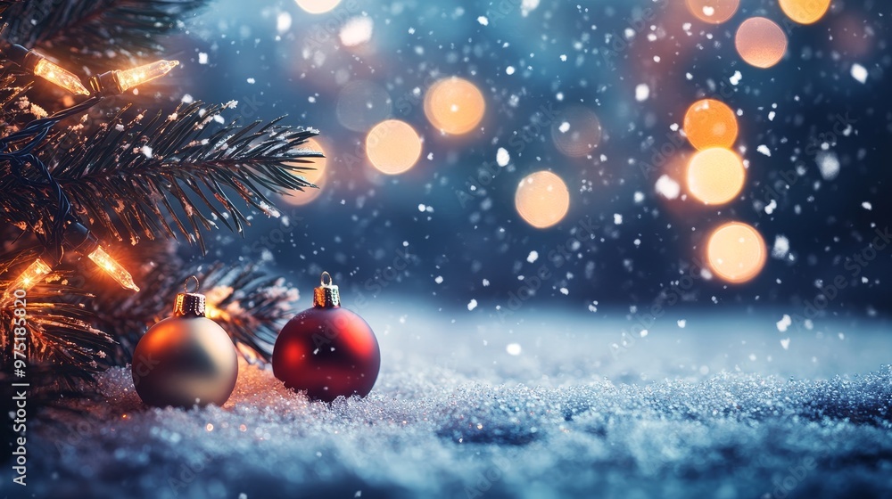 Fototapeta premium Festive christmas winter background featuring snow and blurred bokeh for holiday greetings