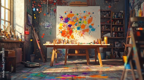 Creative studio with vibrant paint splatters  art supplies  