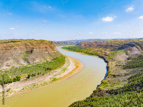 Sunny summer day in the Yellow River Snake Bend Geological Park in Yonghe, Linfen, Shanxi