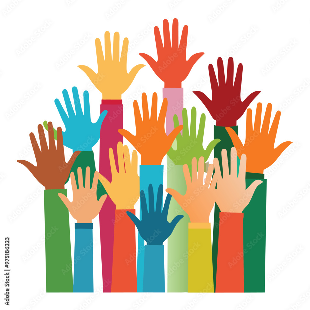 A diverse group of hands in various colors and sizes is raised high representing unity support and active participation in a community event outdoors A diverse group of hands in various colors and sizes is raised high representing unity support and active participation in a community event outdoors